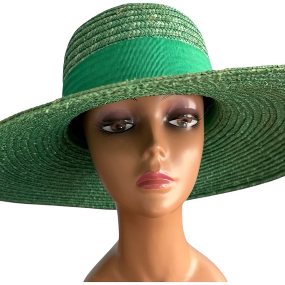 Vintage Italian Straw Sun Hat-Patty Petité Galt-Wide Brim Green Garden Party Hat - Picture 6 of 10